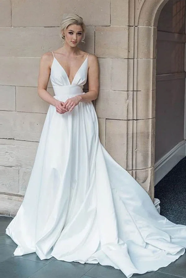 Ball Gown/Princess V-neck Satin Court Train Wedding Dresses #Milly00024489