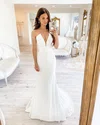 Trumpet/Mermaid V-neck Satin Sweep Train Wedding Dresses With Lace #Milly00024490