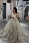 Ball Gown/Princess V-neck Glitter Chapel Train Wedding Dresses #Milly00024497