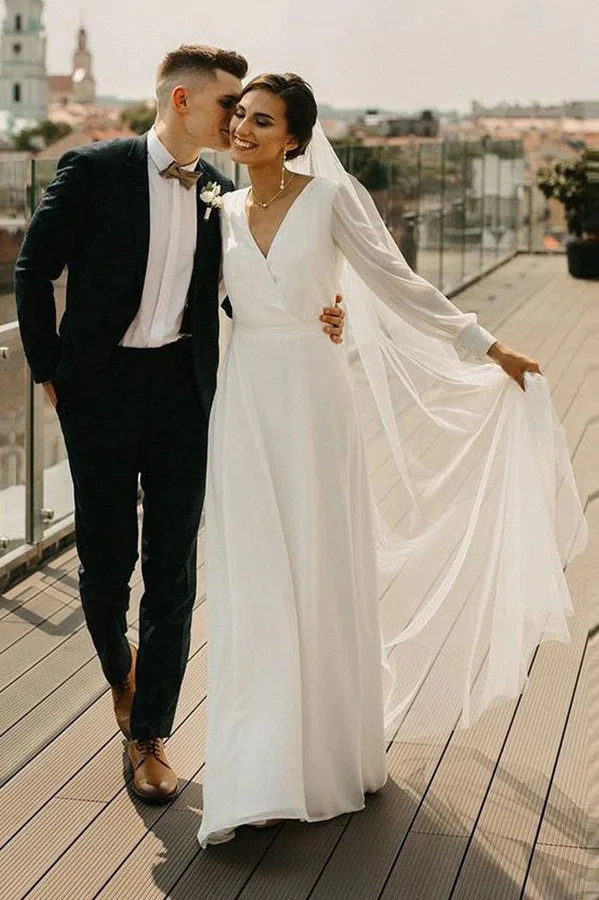 A-line V-neck Chiffon Sweep Train Wedding Dresses #Milly00024510