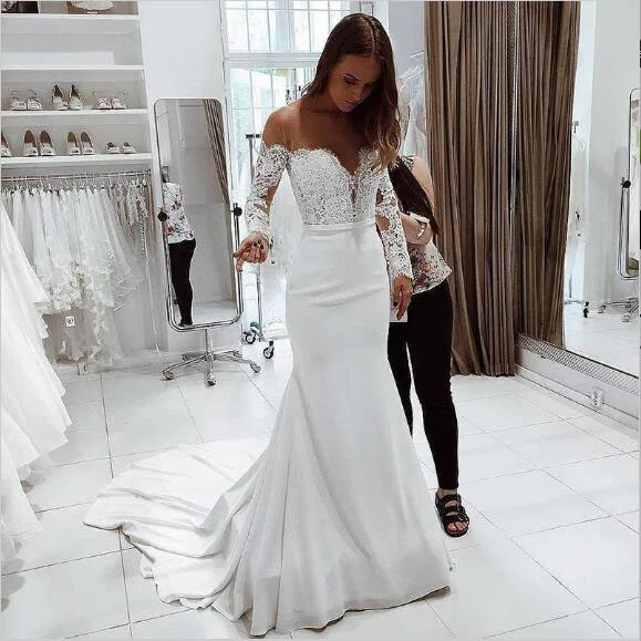 Trumpet/Mermaid Illusion Chiffon Sweep Train Wedding Dresses With Appliques Lace #Milly00024513