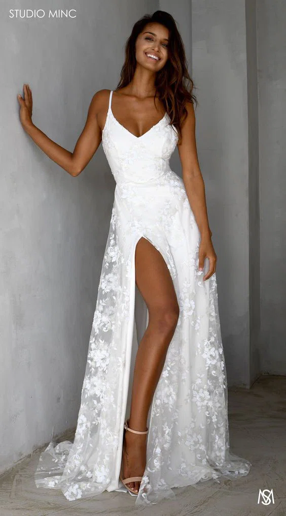 A-line V-neck Lace Sweep Train Wedding Dresses With Split Front #Milly00024519