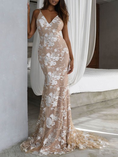 Trumpet/Mermaid V-neck Lace Sweep Train Wedding Dresses #Milly00024523