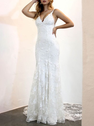 Trumpet/Mermaid V-neck Lace Sweep Train Wedding Dresses #Milly00024525