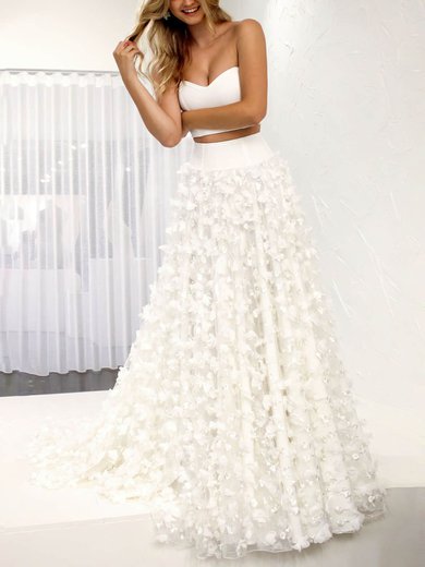 A-line Strapless Lace Court Train Appliques Lace Wedding Dresses #Milly00024526