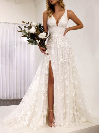 A-line V-neck Lace Sweep Train Wedding Dresses With Split Front #Milly00024527