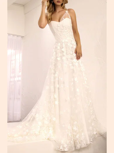 A-line One Shoulder Lace Sweep Train Wedding Dresses With Flower(s) #Milly00024530