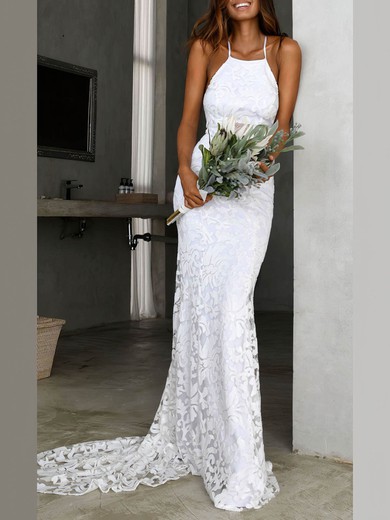 Trumpet/Mermaid Square Neckline Lace Sweep Train Wedding Dresses #Milly00024531