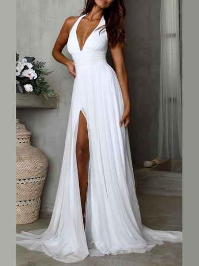 A-line Halter Chiffon Sweep Train Wedding Dresses With Split Front #Milly00024532