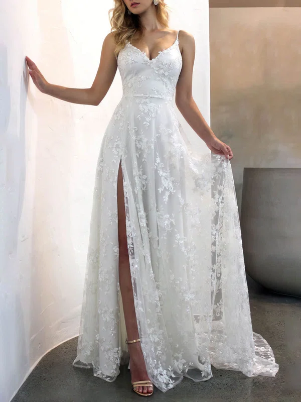 A-line V-neck Lace Sweep Train Wedding Dresses With Split Front #Milly00024536