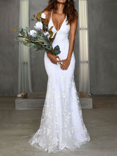 Trumpet/Mermaid V-neck Lace Sweep Train Appliques Lace Wedding Dresses #Milly00024537