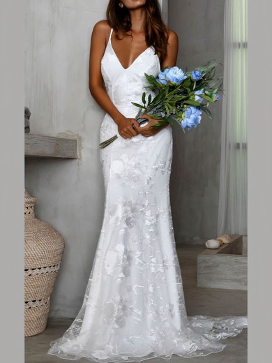 Trumpet/Mermaid V-neck Lace Sweep Train Wedding Dresses #Milly00024539