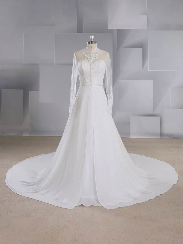 Ball Gown High Neck Chiffon Court Train Wedding Dresses With Appliques Lace #Milly00024541
