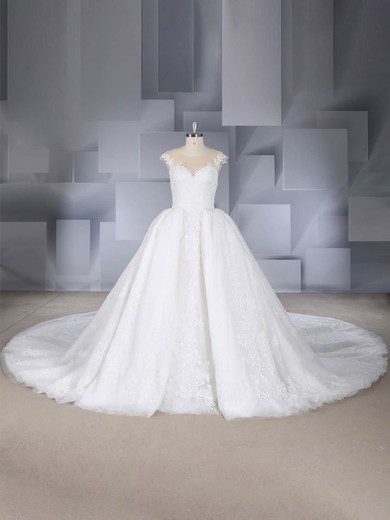 Ball Gown Scoop Neck Tulle Watteau Train Appliques Lace Wedding Dresses #Milly00024542