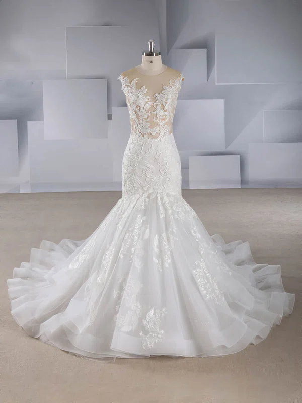 Trumpet/Mermaid Illusion Tulle Court Train Wedding Dresses With Beading #Milly00024543