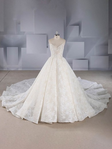 Ball Gown V-neck Lace Chapel Train Sequins Wedding Dresses #Milly00024544