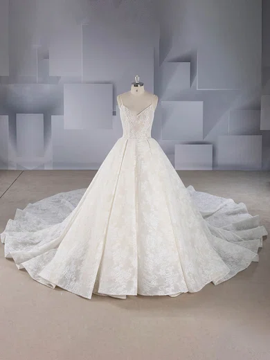 Ball Gown/Princess V-neck Lace Chapel Train Wedding Dresses With Sequins #Milly00024544