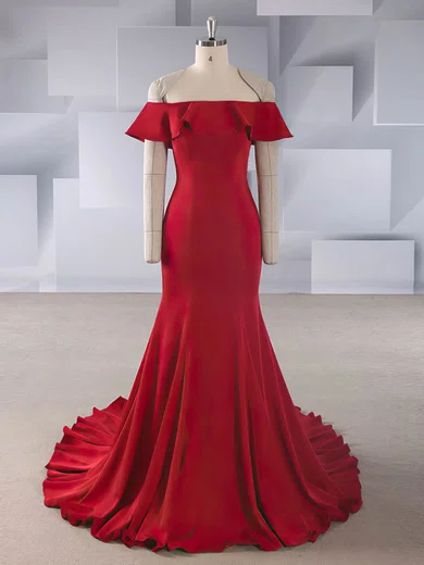 Trumpet/Mermaid Off-the-shoulder Stretch Crepe Sweep Train Wedding Dresses With Cascading Ruffles #Milly00024545