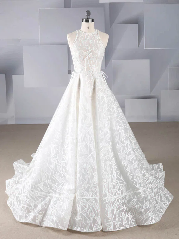 Ball Gown Scoop Neck Lace Court Train Wedding Dresses With Beading #Milly00024546