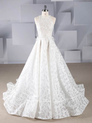 A-line Scoop Neck Organza Court Train Beading Wedding Dresses #Milly00024546