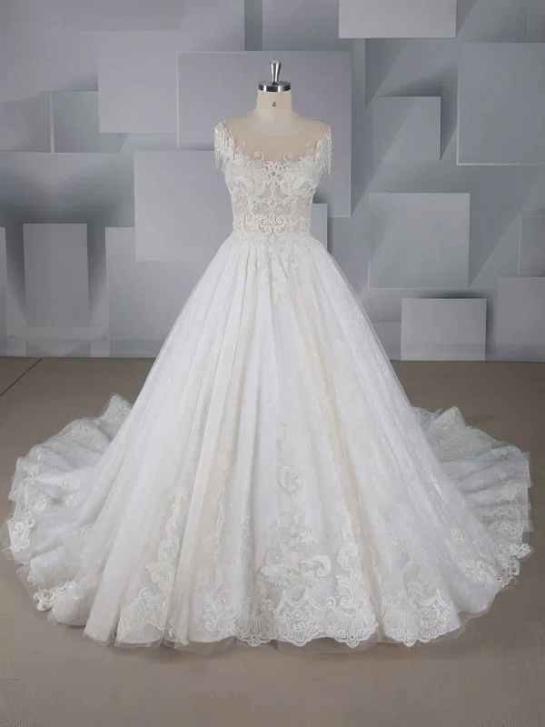 Ball Gown Illusion Tulle Court Train Wedding Dresses With Beading #Milly00024547