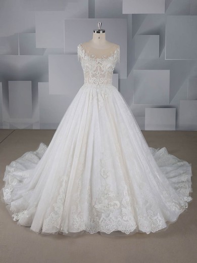 Ball Gown Scoop Neck Tulle Court Train Beading Wedding Dresses #Milly00024547