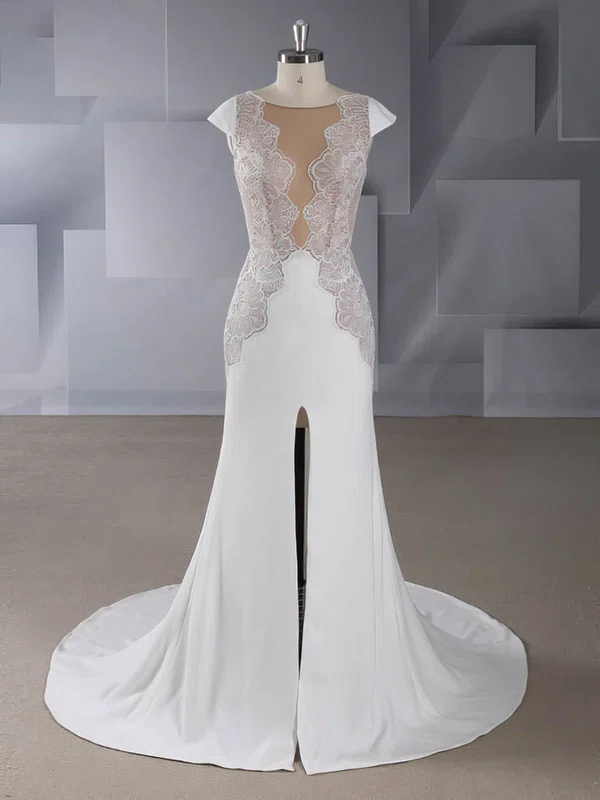 Trumpet/Mermaid Illusion Stretch Crepe Sweep Train Wedding Dresses With Split Front #Milly00024548