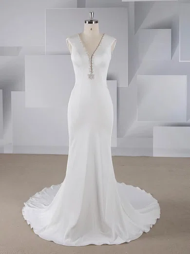 Trumpet/Mermaid V-neck Stretch Crepe Sweep Train Wedding Dresses With Beading #Milly00024549