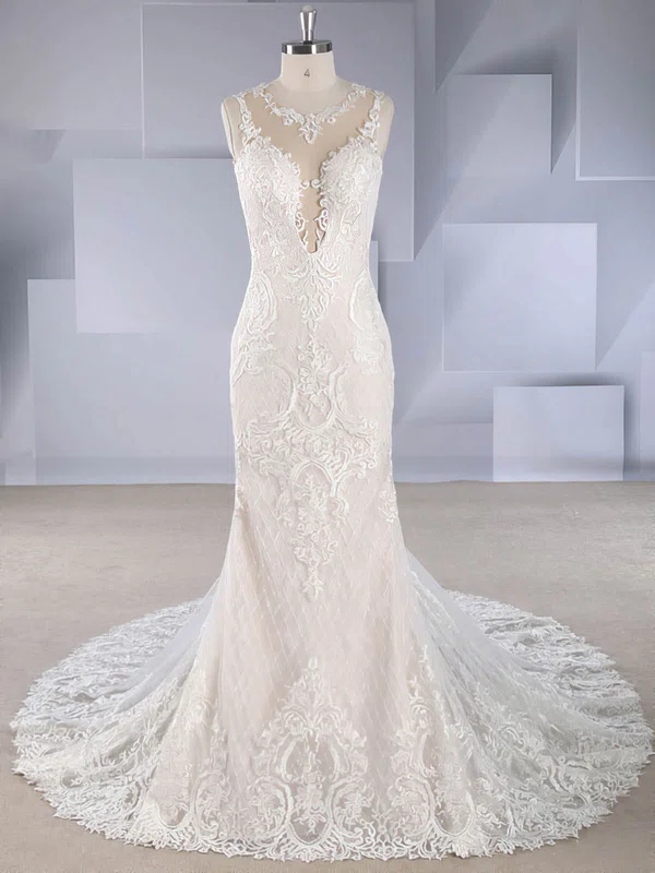 Trumpet/Mermaid Illusion Tulle Court Train Wedding Dresses With Appliques Lace #Milly00024551