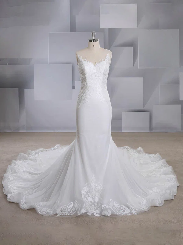 Trumpet/Mermaid V-neck Tulle Court Train Wedding Dresses With Appliques Lace #Milly00024553