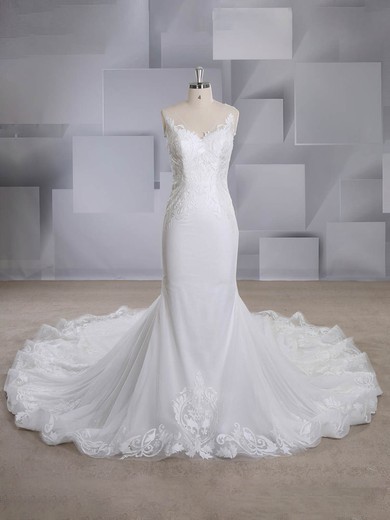 Trumpet/Mermaid V-neck Tulle Court Train Appliques Lace Wedding Dresses #Milly00024553