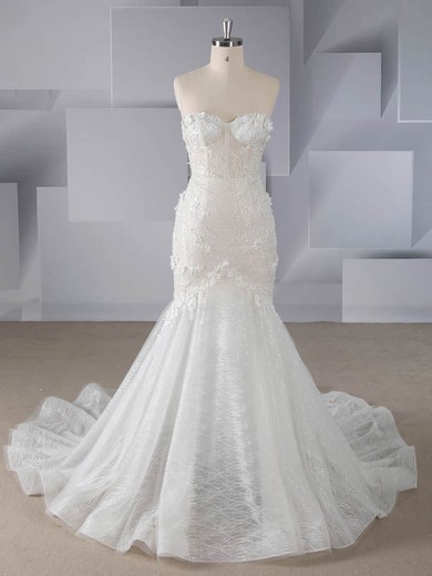 Trumpet/Mermaid Strapless Lace Sweep Train Beading Wedding Dresses #Milly00024555