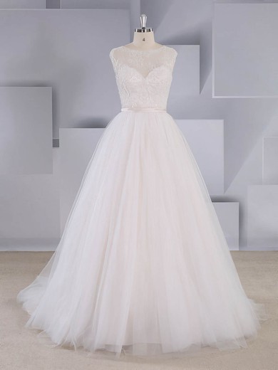 A-line Scoop Neck Tulle Sweep Train Lace Wedding Dresses #Milly00024556