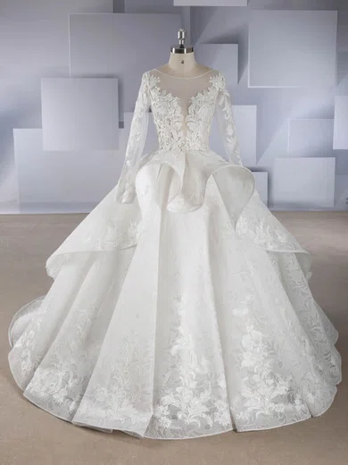 Ball Gown/Princess Illusion Organza Chapel Train Wedding Dresses With Cascading Ruffles #Milly00024557