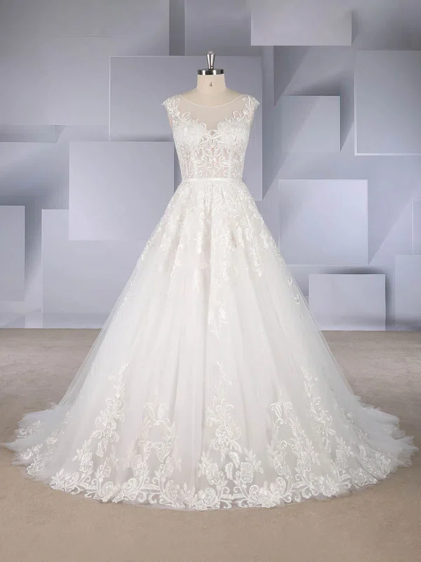 Ball Gown Illusion Tulle Sweep Train Wedding Dresses With Appliques Lace #Milly00024558