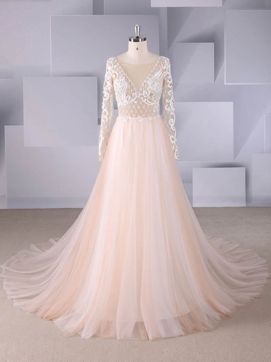 A-line Scoop Neck Tulle Sweep Train Beading Wedding Dresses #Milly00024559