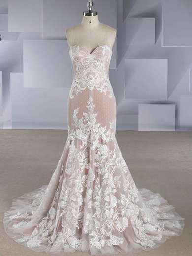 Trumpet/Mermaid Sweetheart Tulle Sweep Train Wedding Dresses With Appliques Lace #Milly00024560