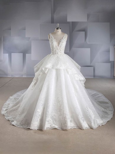 Ball Gown Scoop Neck Lace Chapel Train Beading Wedding Dresses #Milly00024563