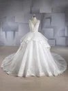 Ball Gown V-neck Lace Chapel Train Wedding Dresses With Beading #Milly00024563