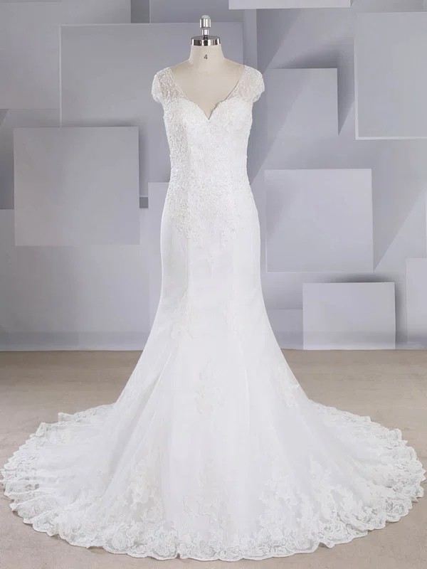 Trumpet/Mermaid V-neck Tulle Sweep Train Wedding Dresses With Beading #Milly00024564