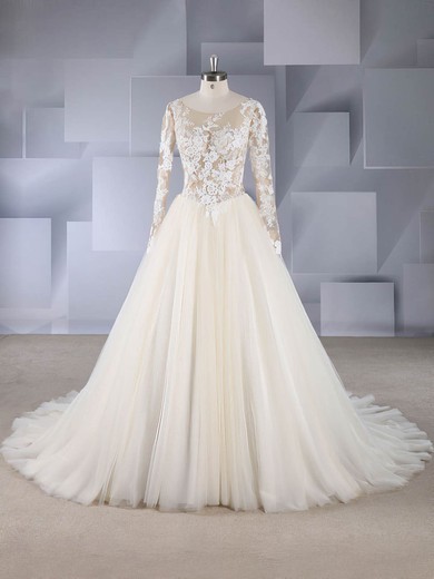 A-line Scoop Neck Tulle Sweep Train Appliques Lace Wedding Dresses #Milly00024566