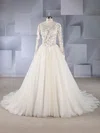 Ball Gown Illusion Tulle Sweep Train Wedding Dresses With Appliques Lace #Milly00024566
