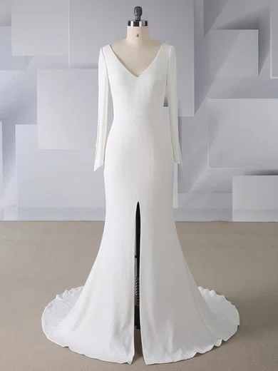 Trumpet/Mermaid V-neck Stretch Crepe Sweep Train Wedding Dresses With Split Front #Milly00024567