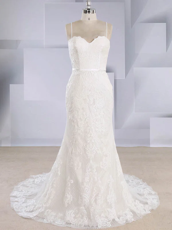 Trumpet/Mermaid V-neck Tulle Sweep Train Wedding Dresses With Appliques Lace #Milly00024568