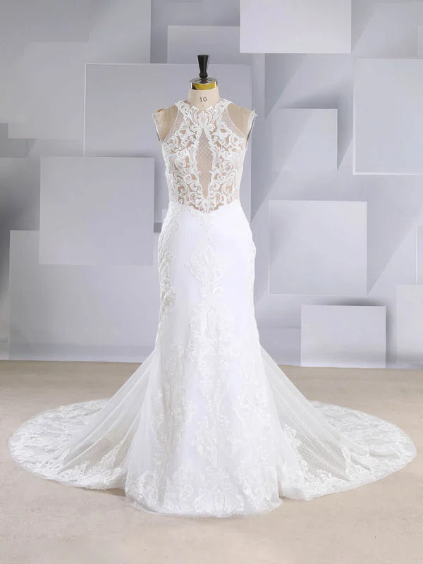 Trumpet/Mermaid Illusion Tulle Court Train Wedding Dresses With Appliques Lace #Milly00024569