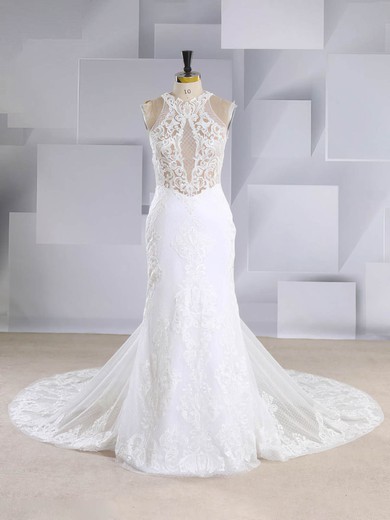 Trumpet/Mermaid Scoop Neck Tulle Court Train Appliques Lace Wedding Dresses #Milly00024569