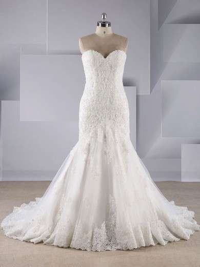 Trumpet/Mermaid Sweetheart Tulle Sweep Train Wedding Dresses With Beading #Milly00024570