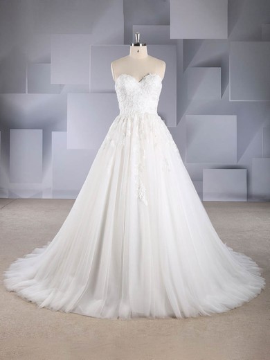 A-line Strapless Tulle Sweep Train Beading Wedding Dresses #Milly00024571