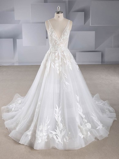 A-line V-neck Tulle Court Train Appliques Lace Wedding Dresses #Milly00024572
