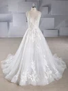 Ball Gown V-neck Tulle Court Train Wedding Dresses With Appliques Lace #Milly00024572